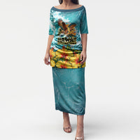 Personalized Hawaii 60th Birthday Eagle Puletasi Tropical Sunset Beach Hibiscus Ocean Wave TS04 Long Dress Blue Yellow - Polynesian Pride