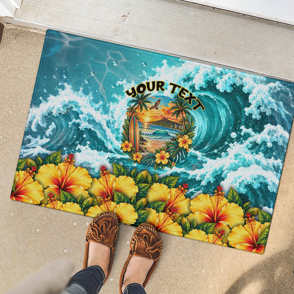 Personalized Hawaii 60th Birthday Eagle Rubber Doormat Tropical Sunset Beach Hibiscus Ocean Wave TS04 - Polynesian Pride