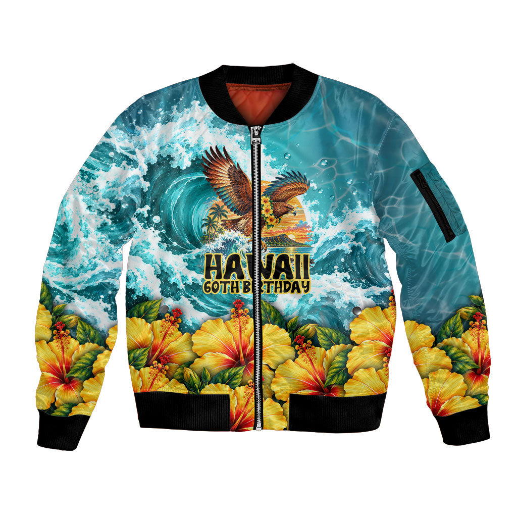 Personalized Hawaii 60th Birthday Eagle Sleeve Zip Bomber Jacket Tropical Sunset Beach Hibiscus Ocean Wave TS04 Unisex Blue Yellow - Polynesian Pride