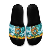 Personalized Hawaii 60th Birthday Eagle Slide Sandals Tropical Sunset Beach Hibiscus Ocean Wave TS04 Blue Yellow - Polynesian Pride