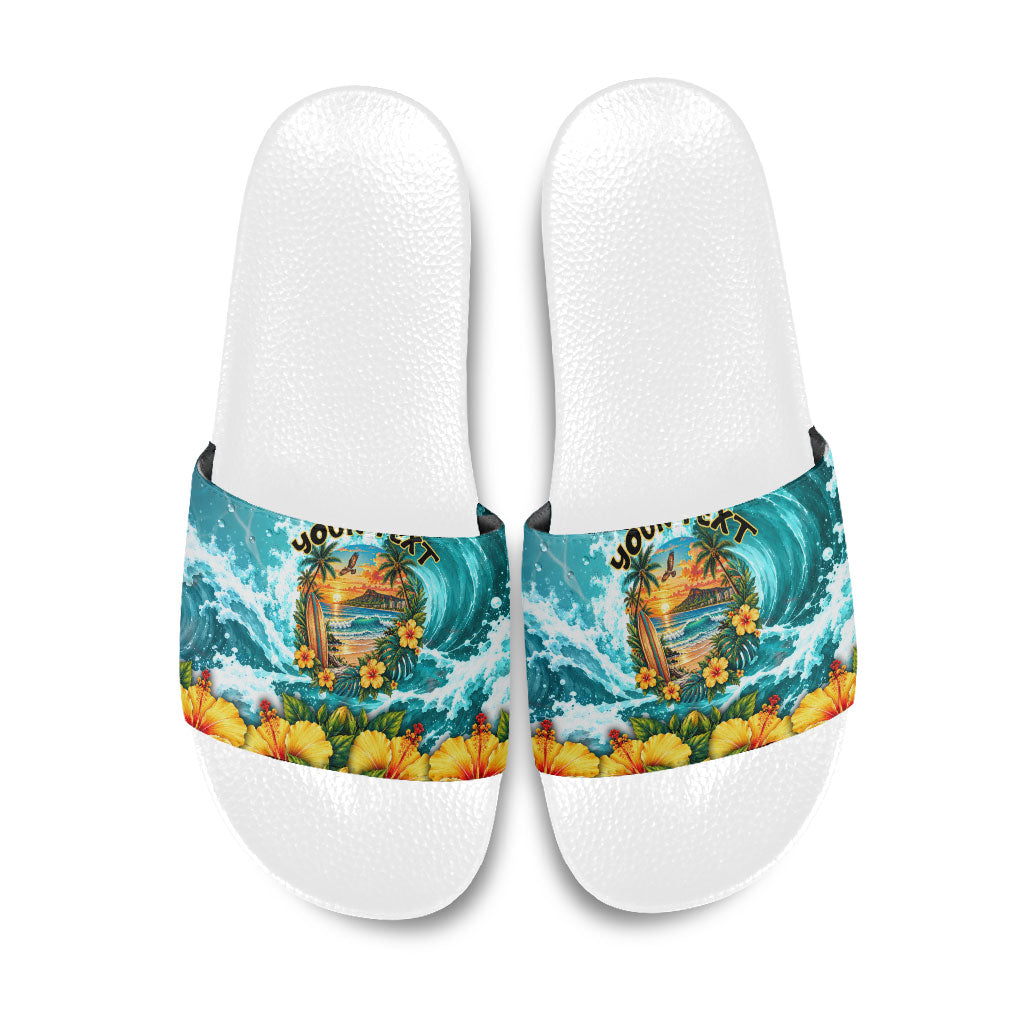 Personalized Hawaii 60th Birthday Eagle Slide Sandals Tropical Sunset Beach Hibiscus Ocean Wave TS04 Blue Yellow - Polynesian Pride