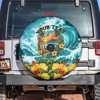 Personalized Hawaii 60th Birthday Eagle Spare Tire Cover Tropical Sunset Beach Hibiscus Ocean Wave TS04 - 26 inches / 3 inches / Blue/Yellow