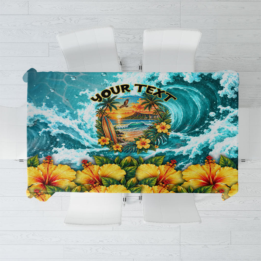Personalized Hawaii 60th Birthday Eagle Tablecloth Tropical Sunset Beach Hibiscus Ocean Wave TS04 Blue Yellow - Polynesian Pride