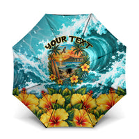 Personalized Hawaii 60th Birthday Eagle Umbrella Tropical Sunset Beach Hibiscus Ocean Wave TS04 One Size Folded 11.42 inch Opened Diameter 37.4 inch Blue Yellow - Polynesian Pride