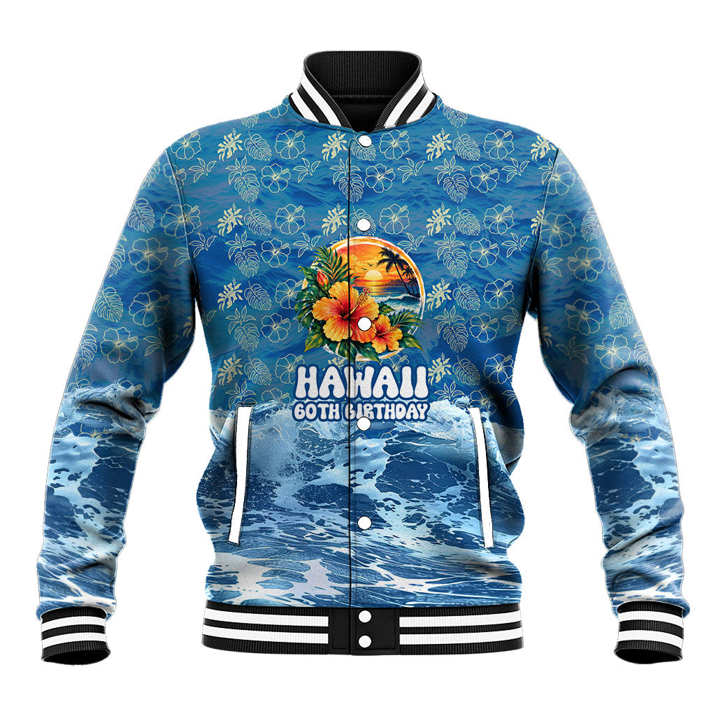 Personalized Hawaii 60th Birthday Sea Turtle Baseball Jacket Tropical Ocean Wave Floral Surfboard TS04 Unisex Blue Yellow - Polynesian Pride