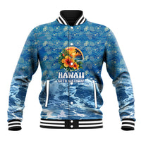 Personalized Hawaii 60th Birthday Sea Turtle Baseball Jacket Tropical Ocean Wave Floral Surfboard TS04 Unisex Blue Yellow - Polynesian Pride