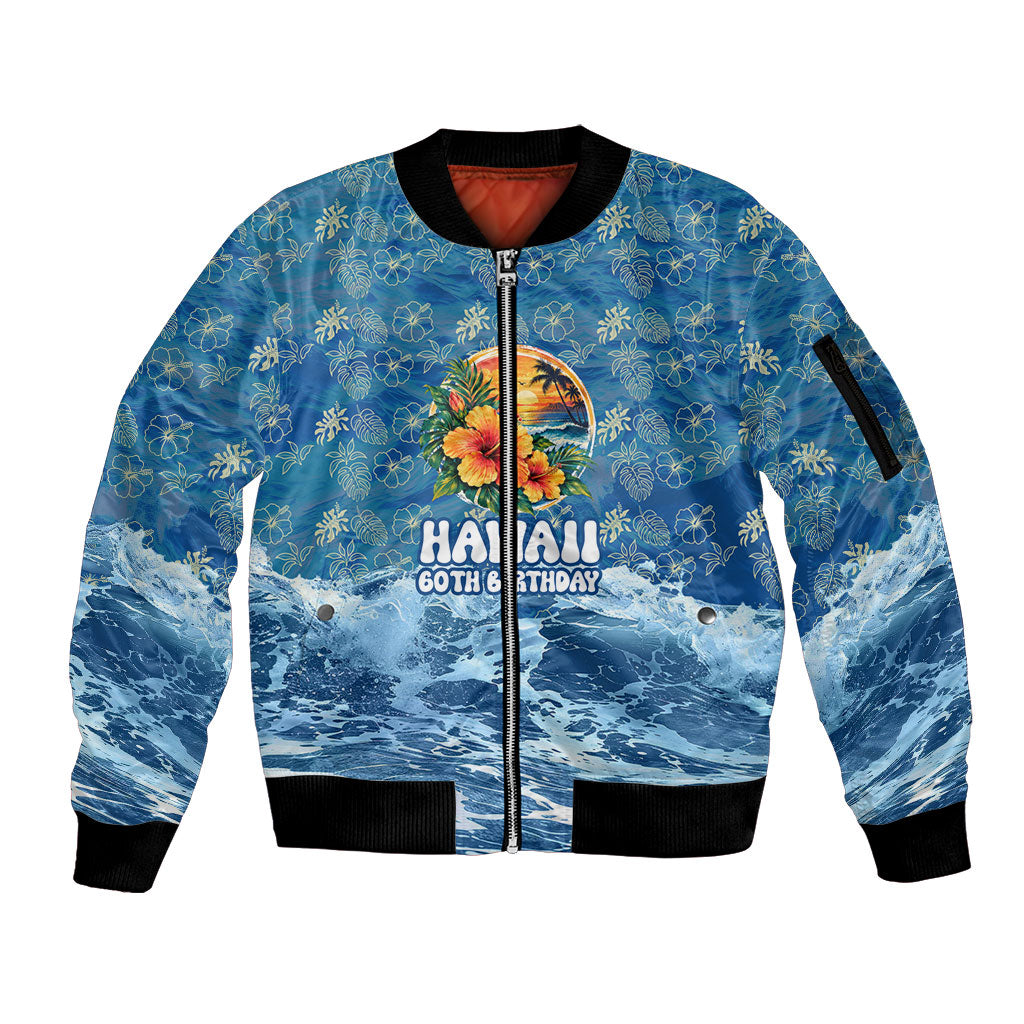 Personalized Hawaii 60th Birthday Sea Turtle Sleeve Zip Bomber Jacket Tropical Ocean Wave Floral Surfboard TS04 Unisex Blue Yellow - Polynesian Pride