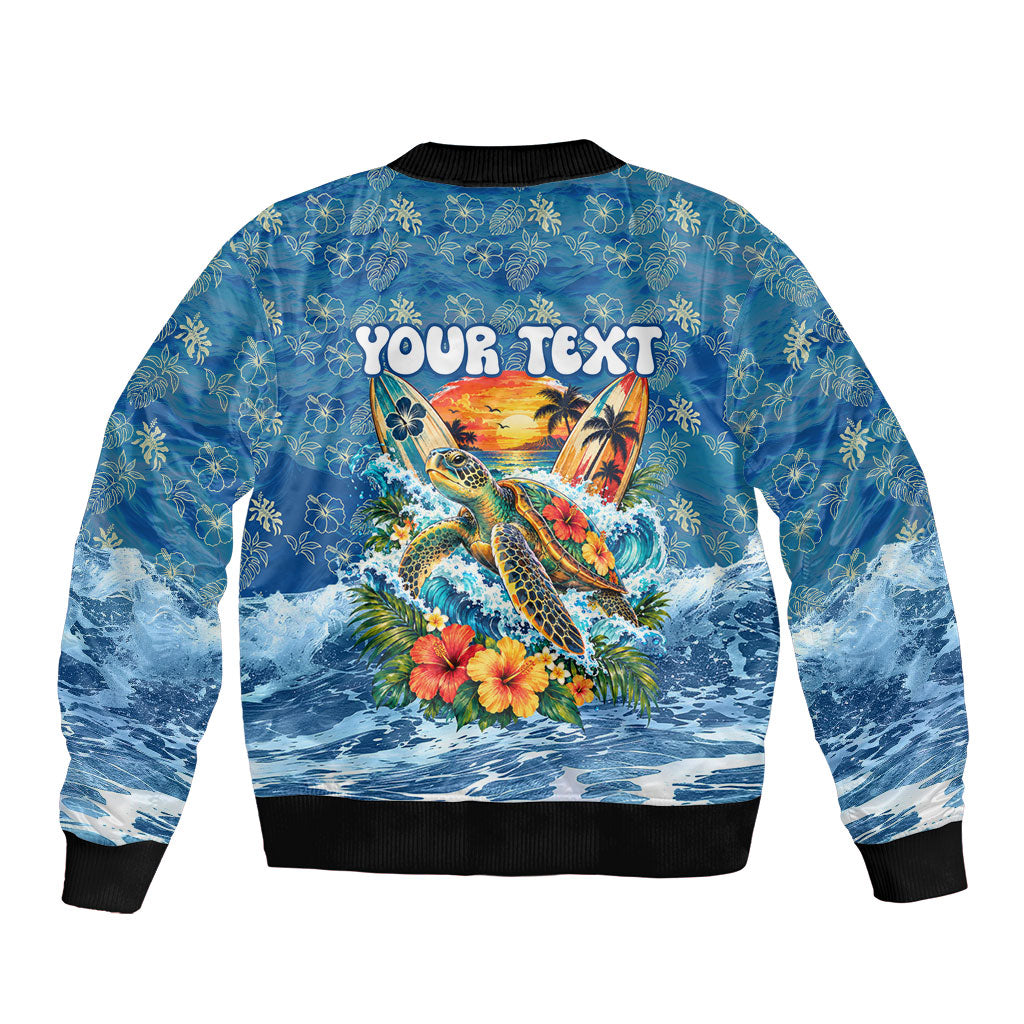 Personalized Hawaii 60th Birthday Sea Turtle Sleeve Zip Bomber Jacket Tropical Ocean Wave Floral Surfboard TS04 - Polynesian Pride