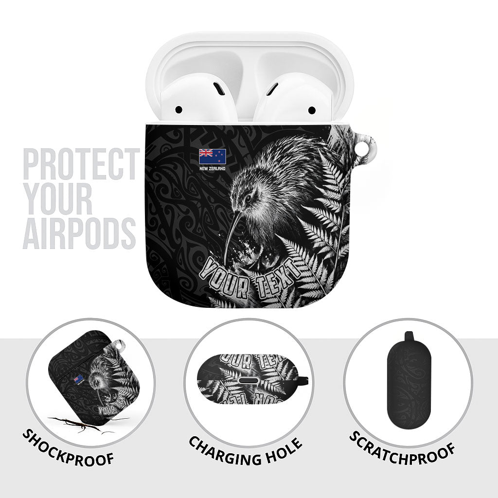 Personalized New Zealand Kiwi Bird AirPods Case Grunge Maori Tribal Pattern Silver Fern