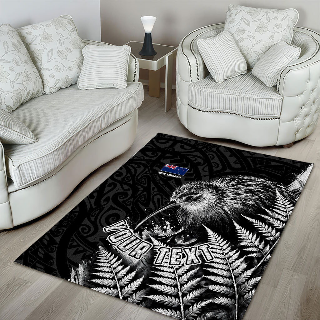 Personalized New Zealand Kiwi Bird Area Rug Grunge Maori Tribal Pattern Silver Fern
