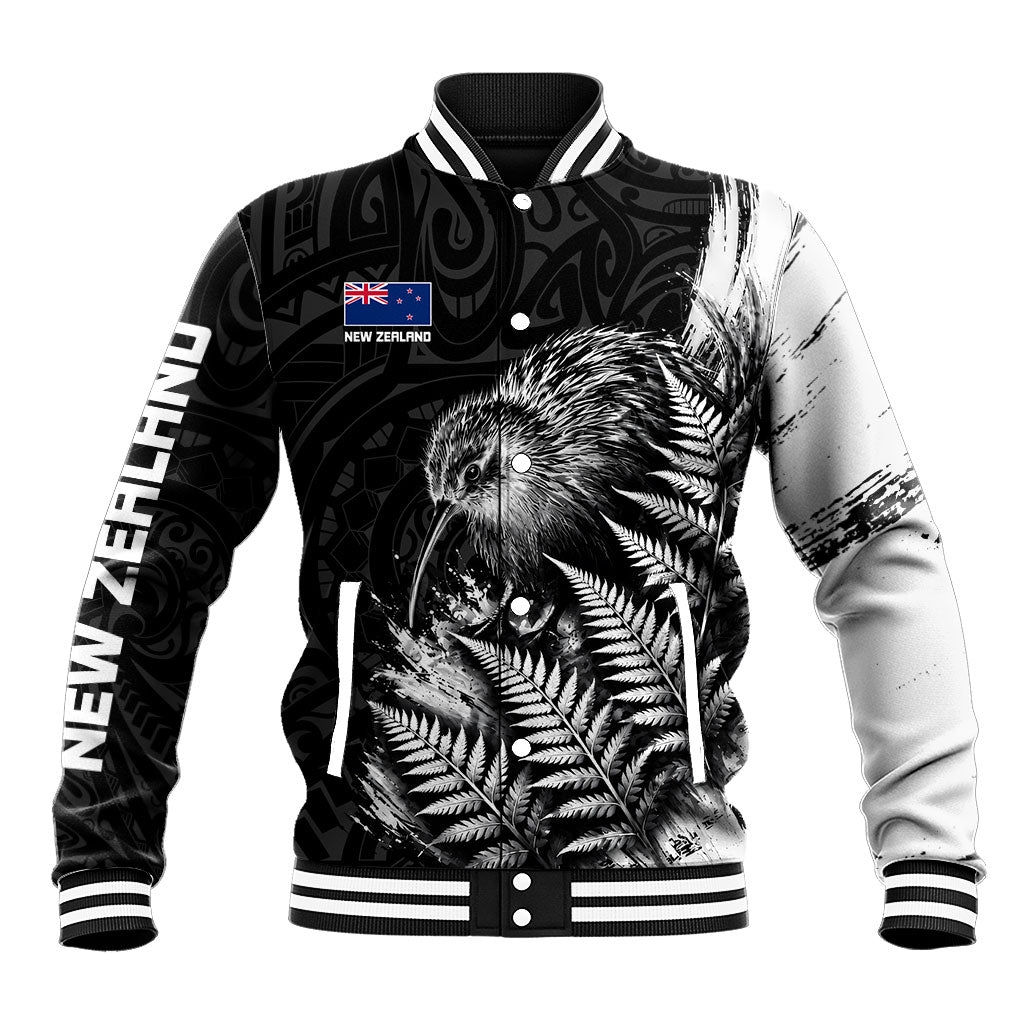Personalized New Zealand Kiwi Bird Baseball Jacket Grunge Maori Tribal Pattern Silver Fern