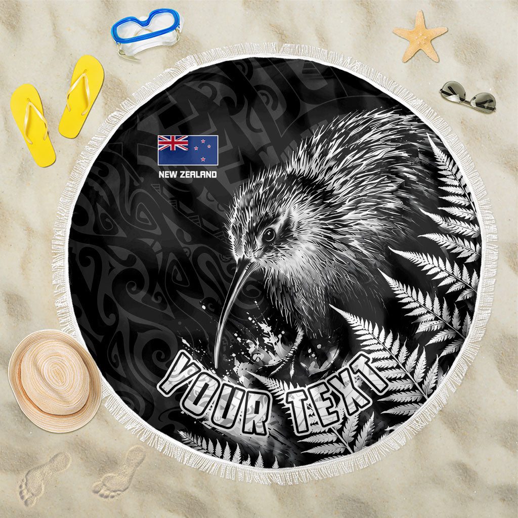 Personalized New Zealand Kiwi Bird Beach Blanket Grunge Maori Tribal Pattern Silver Fern