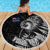 Personalized New Zealand Kiwi Bird Beach Blanket Grunge Maori Tribal Pattern Silver Fern