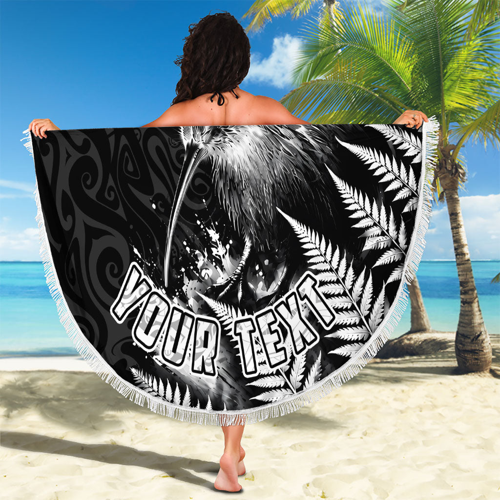 Personalized New Zealand Kiwi Bird Beach Blanket Grunge Maori Tribal Pattern Silver Fern