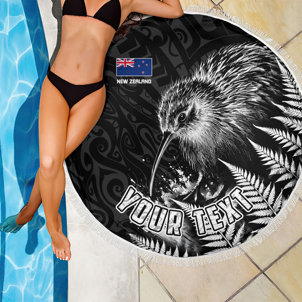 Personalized New Zealand Kiwi Bird Beach Blanket Grunge Maori Tribal Pattern Silver Fern