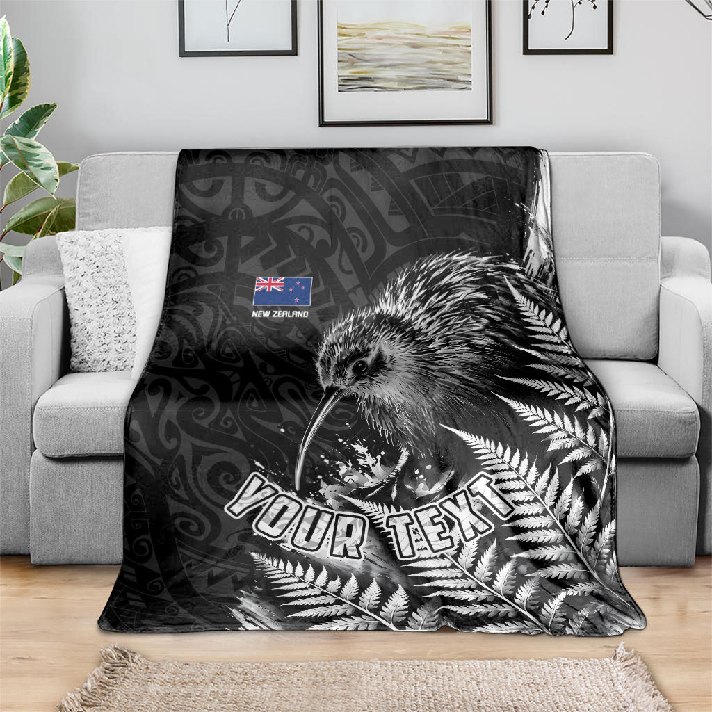 Personalized New Zealand Kiwi Bird Blanket Grunge Maori Tribal Pattern Silver Fern