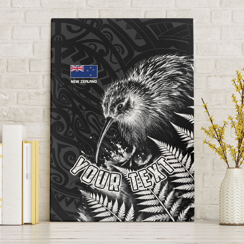 Personalized New Zealand Kiwi Bird Canvas Wall Art Grunge Maori Tribal Pattern Silver Fern