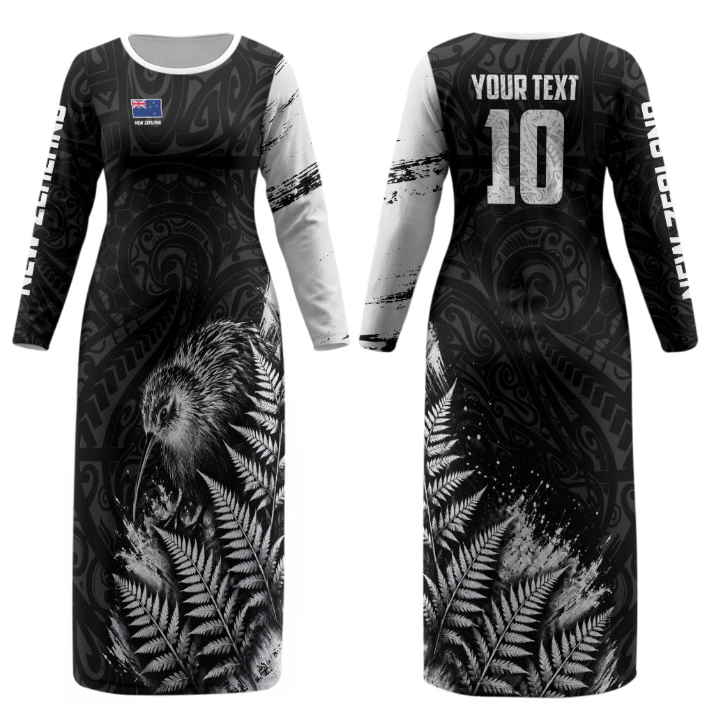Personalized New Zealand Kiwi Bird Couples Matching Long Sleeve Bodycon Dress and Hawaiian Shirt Grunge Maori Tribal Pattern Silver Fern