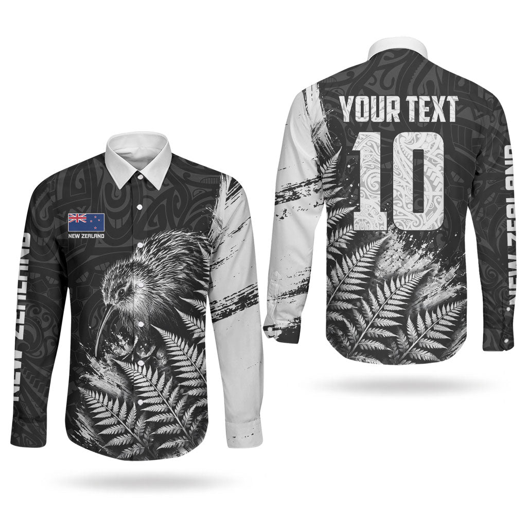 Personalized New Zealand Kiwi Bird Couples Matching Mermaid Dress and Long Sleeve Button Shirt Grunge Maori Tribal Pattern Silver Fern