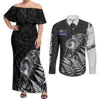Personalized New Zealand Kiwi Bird Couples Matching Off Shoulder Maxi Dress and Long Sleeve Button Shirt Grunge Maori Tribal Pattern Silver Fern