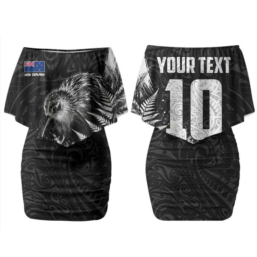 Personalized New Zealand Kiwi Bird Couples Matching Off Shoulder Short Dress and Long Sleeve Button Shirt Grunge Maori Tribal Pattern Silver Fern