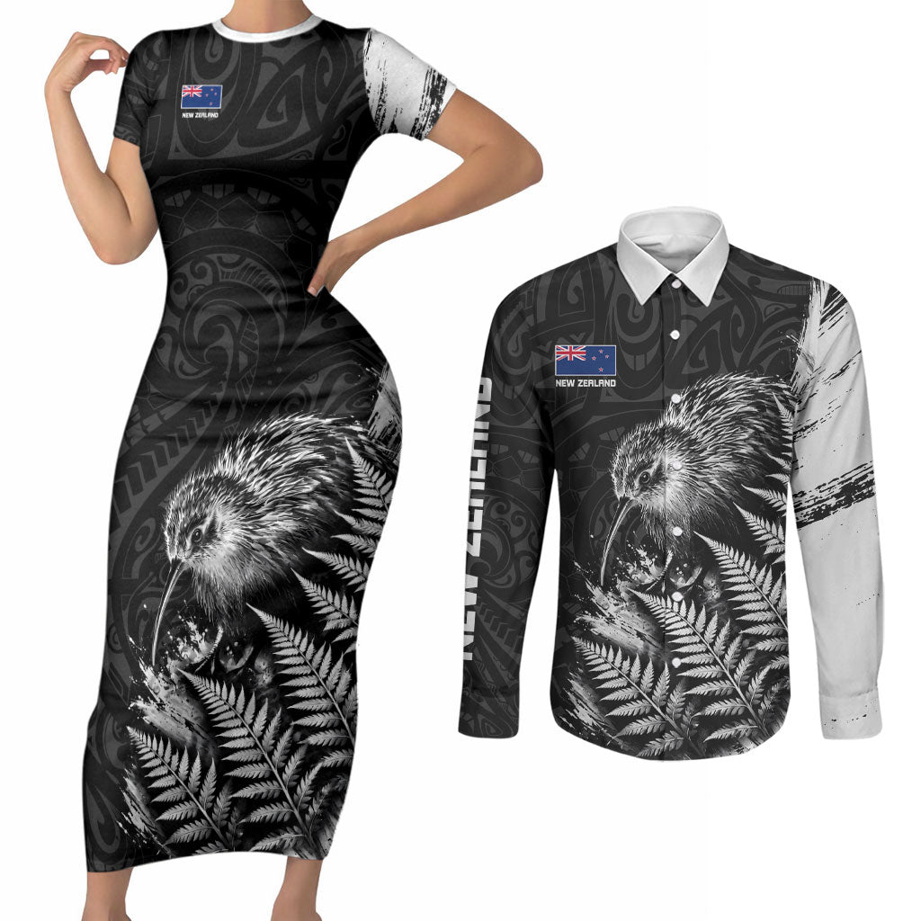 Personalized New Zealand Kiwi Bird Couples Matching Short Sleeve Bodycon Dress and Long Sleeve Button Shirt Grunge Maori Tribal Pattern Silver Fern TS04 Black White - Polynesian Pride