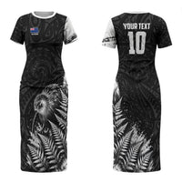 Personalized New Zealand Kiwi Bird Couples Matching Short Sleeve Bodycon Dress and Long Sleeve Button Shirt Grunge Maori Tribal Pattern Silver Fern
