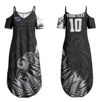 Personalized New Zealand Kiwi Bird Couples Matching Summer Maxi Dress and Long Sleeve Button Shirt Grunge Maori Tribal Pattern Silver Fern