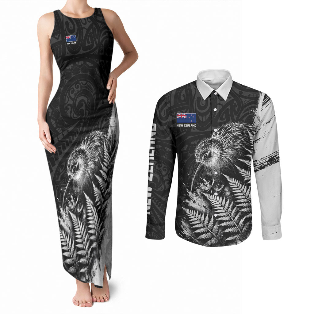 Personalized New Zealand Kiwi Bird Couples Matching Tank Maxi Dress and Long Sleeve Button Shirt Grunge Maori Tribal Pattern Silver Fern TS04 Black White - Polynesian Pride