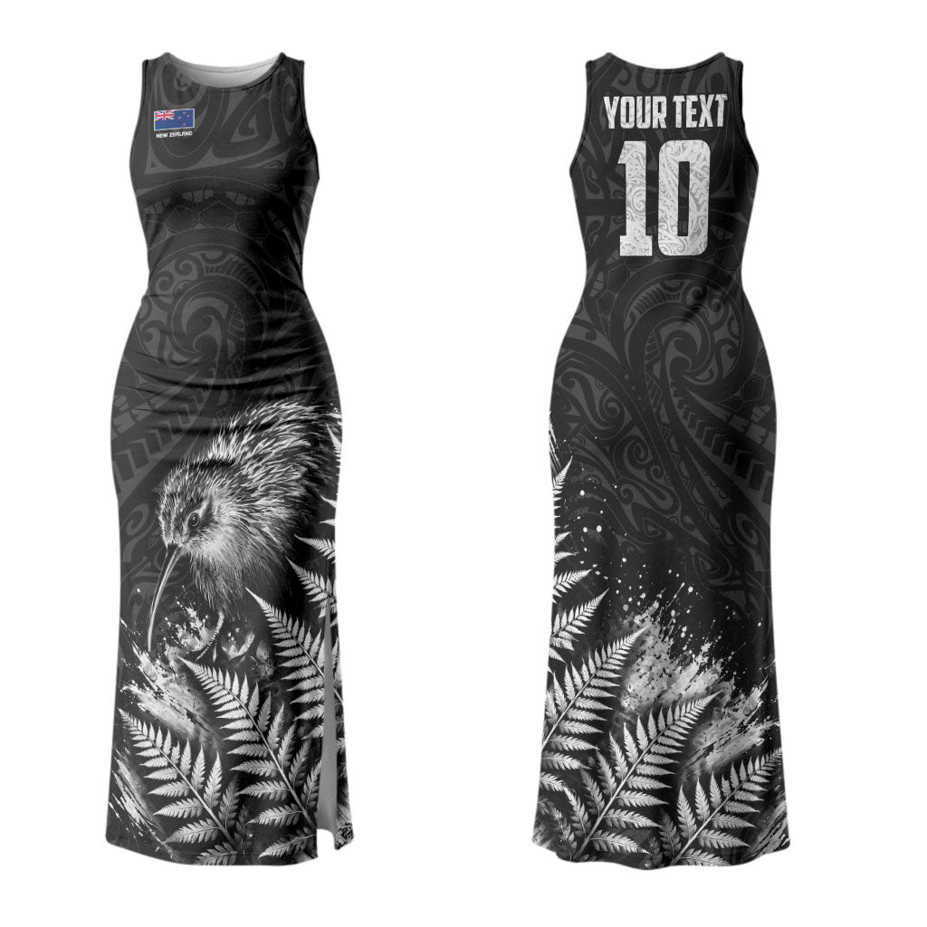 Personalized New Zealand Kiwi Bird Couples Matching Tank Maxi Dress and Long Sleeve Button Shirt Grunge Maori Tribal Pattern Silver Fern