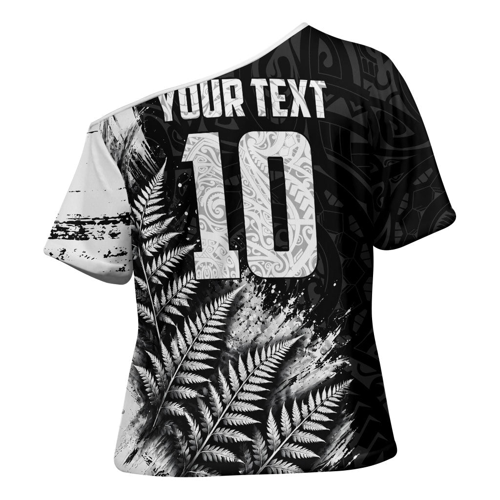 Personalized New Zealand Kiwi Bird Cross Shoulder Shirt Grunge Maori Tribal Pattern Silver Fern
