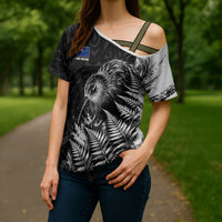 Personalized New Zealand Kiwi Bird Cross Shoulder Shirt Grunge Maori Tribal Pattern Silver Fern