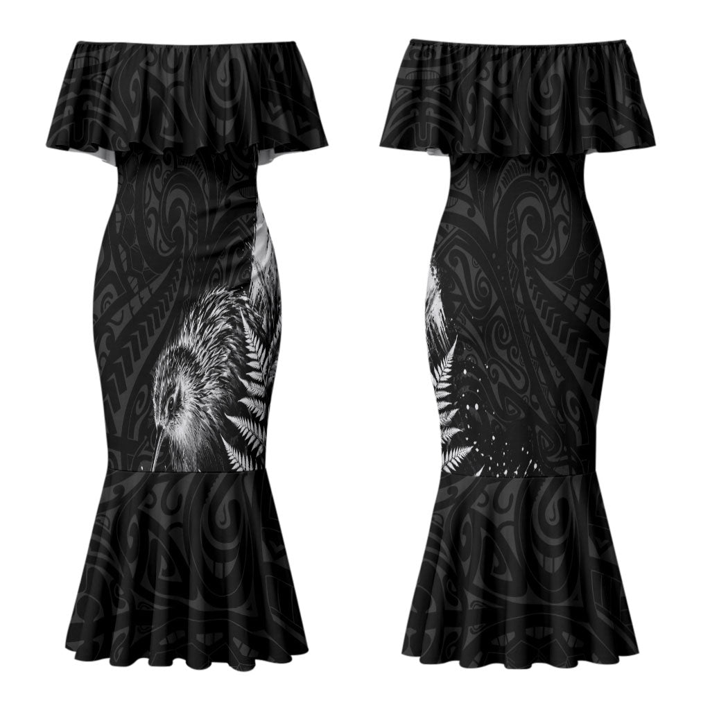 Personalized New Zealand Kiwi Bird Family Matching Mermaid Dress and Hawaiian Shirt Grunge Maori Tribal Pattern Silver Fern