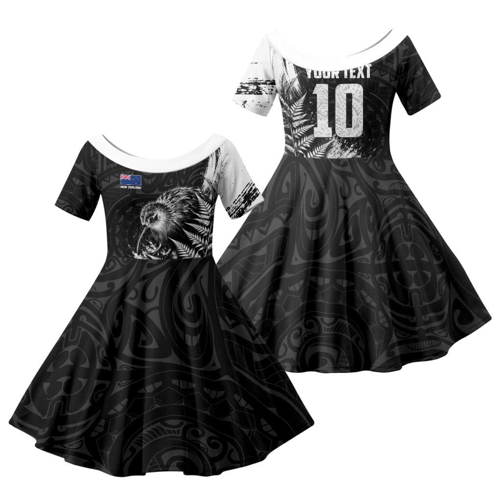 Personalized New Zealand Kiwi Bird Family Matching Off Shoulder Short Dress and Hawaiian Shirt Grunge Maori Tribal Pattern Silver Fern