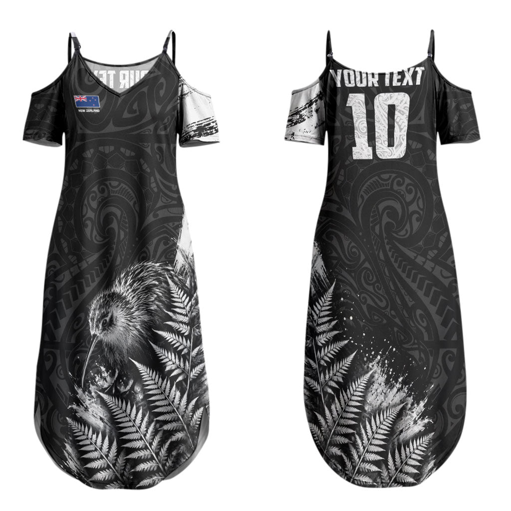 Personalized New Zealand Kiwi Bird Family Matching Summer Maxi Dress and Hawaiian Shirt Grunge Maori Tribal Pattern Silver Fern