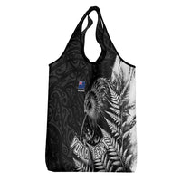 Personalized New Zealand Kiwi Bird Grocery Bag Grunge Maori Tribal Pattern Silver Fern