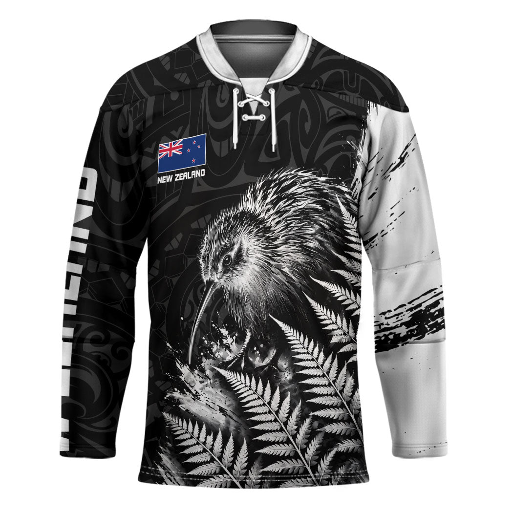 Personalized New Zealand Kiwi Bird Hockey Jersey Grunge Maori Tribal Pattern Silver Fern