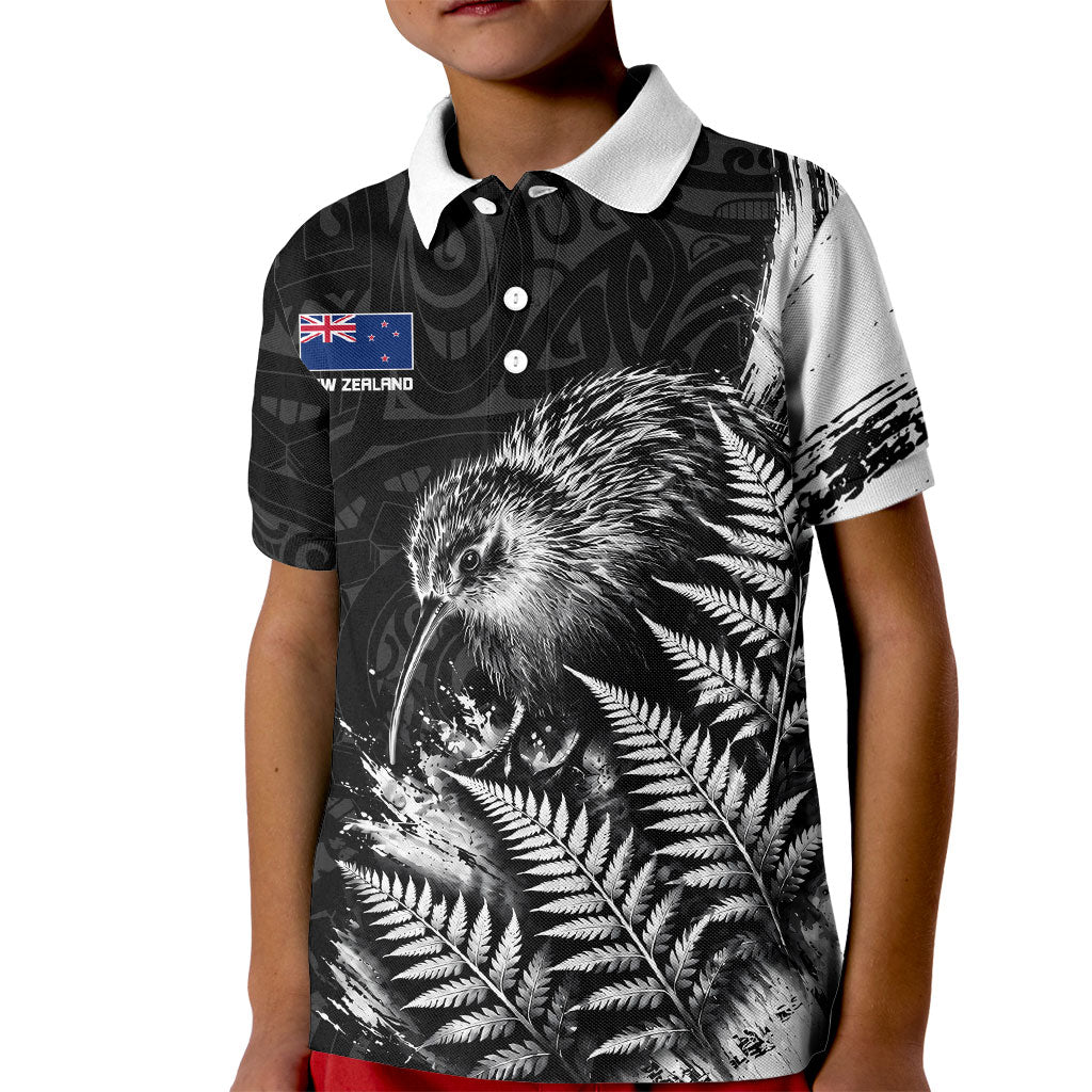 Personalized New Zealand Kiwi Bird Kid Polo Shirt Grunge Maori Tribal Pattern Silver Fern