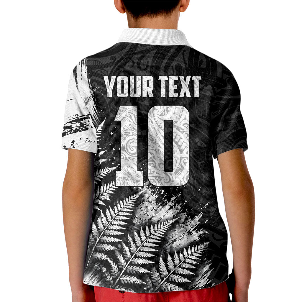 Personalized New Zealand Kiwi Bird Kid Polo Shirt Grunge Maori Tribal Pattern Silver Fern