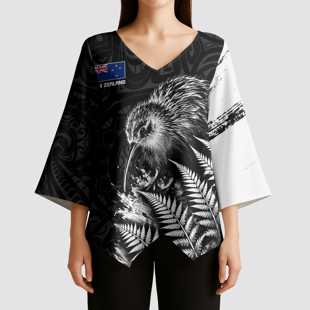 Personalized New Zealand Kiwi Bird Kimono Sleeve Blouse Grunge Maori Tribal Pattern Silver Fern