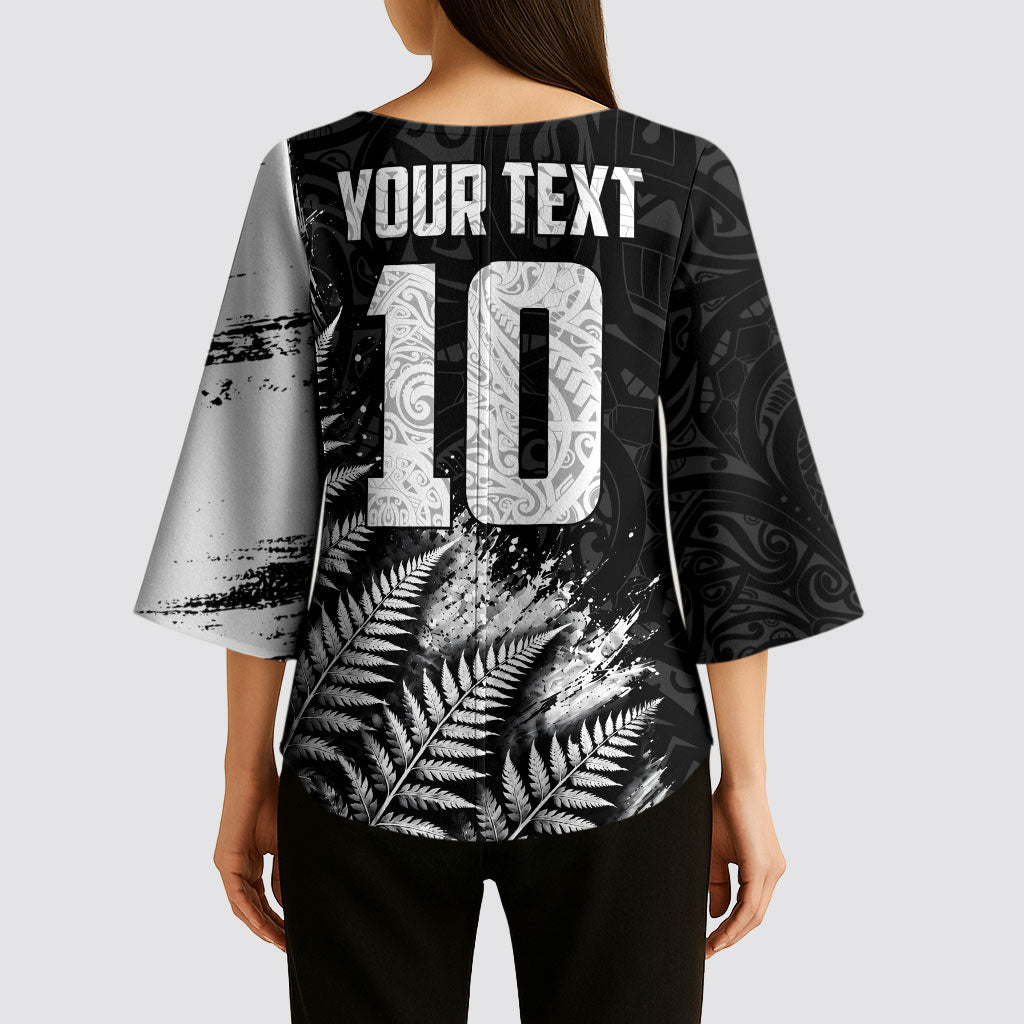 Personalized New Zealand Kiwi Bird Kimono Sleeve Blouse Grunge Maori Tribal Pattern Silver Fern