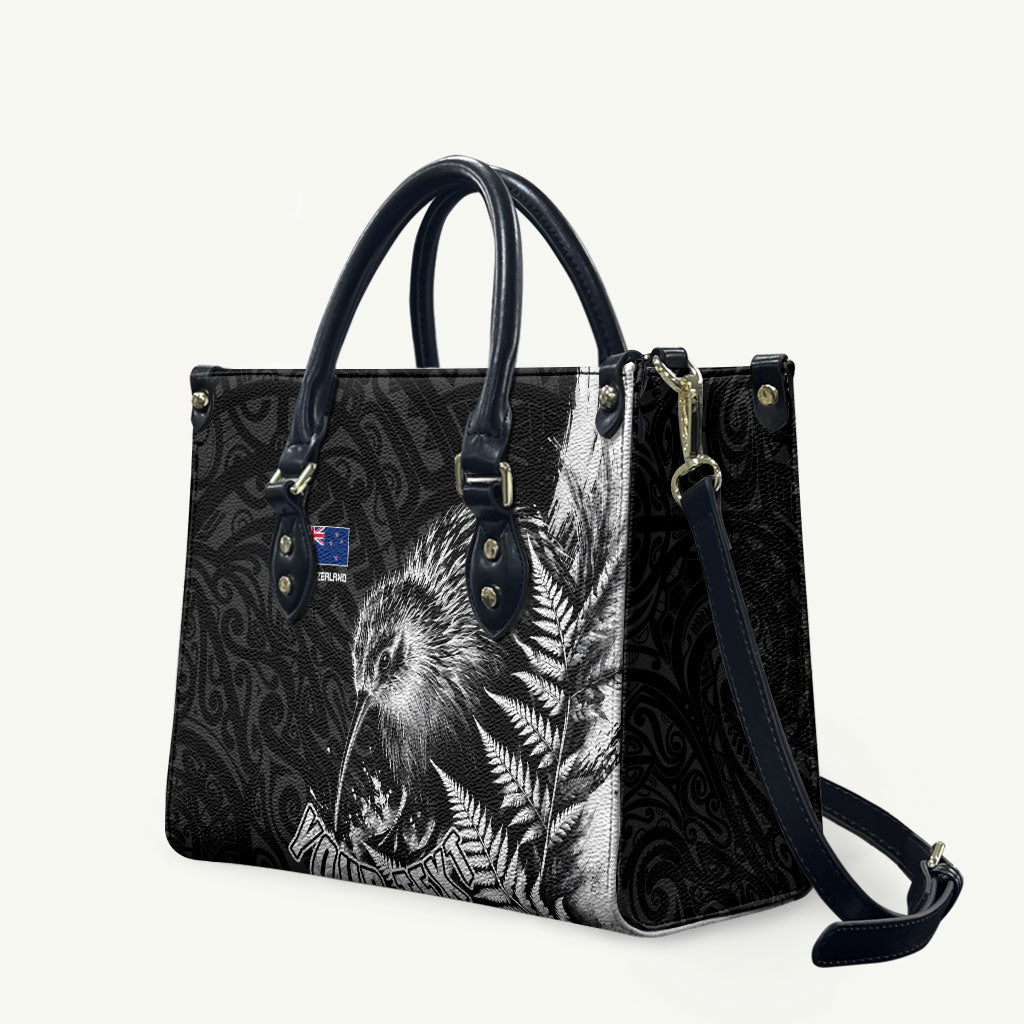 Personalized New Zealand Kiwi Bird Leather Bag Grunge Maori Tribal Pattern Silver Fern TS04 Black White - Polynesian Pride