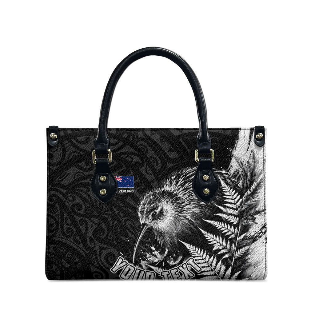 Personalized New Zealand Kiwi Bird Leather Bag Grunge Maori Tribal Pattern Silver Fern