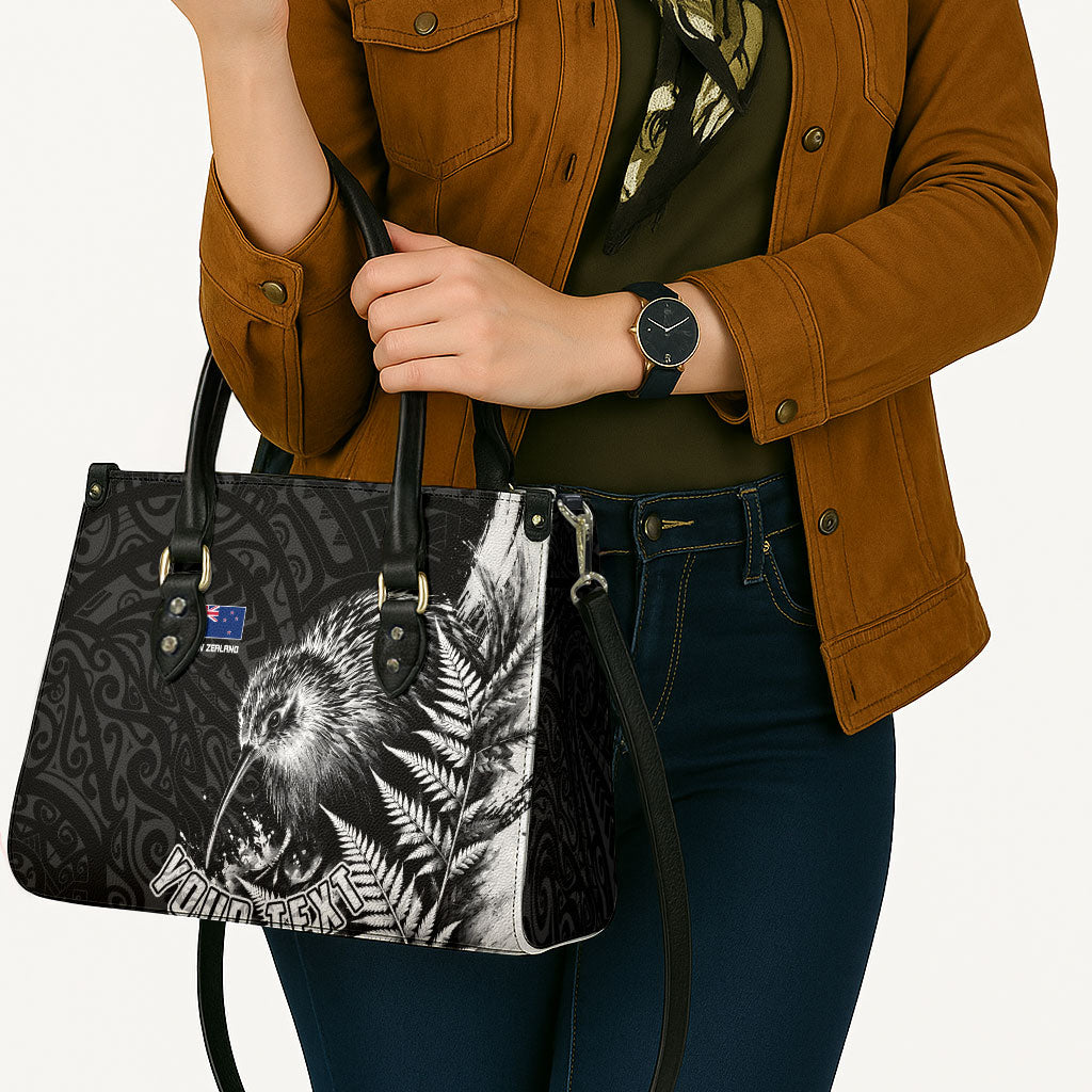 Personalized New Zealand Kiwi Bird Leather Bag Grunge Maori Tribal Pattern Silver Fern
