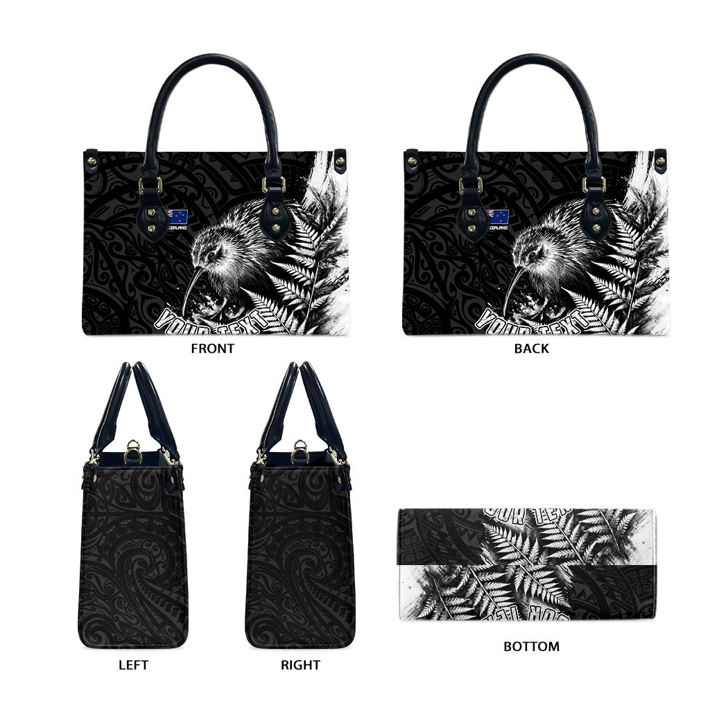 Personalized New Zealand Kiwi Bird Leather Bag Grunge Maori Tribal Pattern Silver Fern