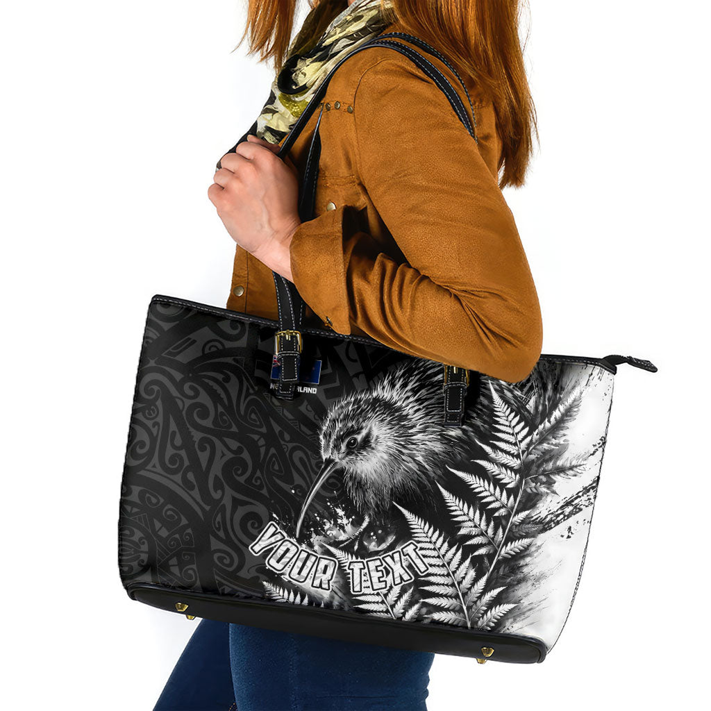 Personalized New Zealand Kiwi Bird Leather Tote Bag Grunge Maori Tribal Pattern Silver Fern