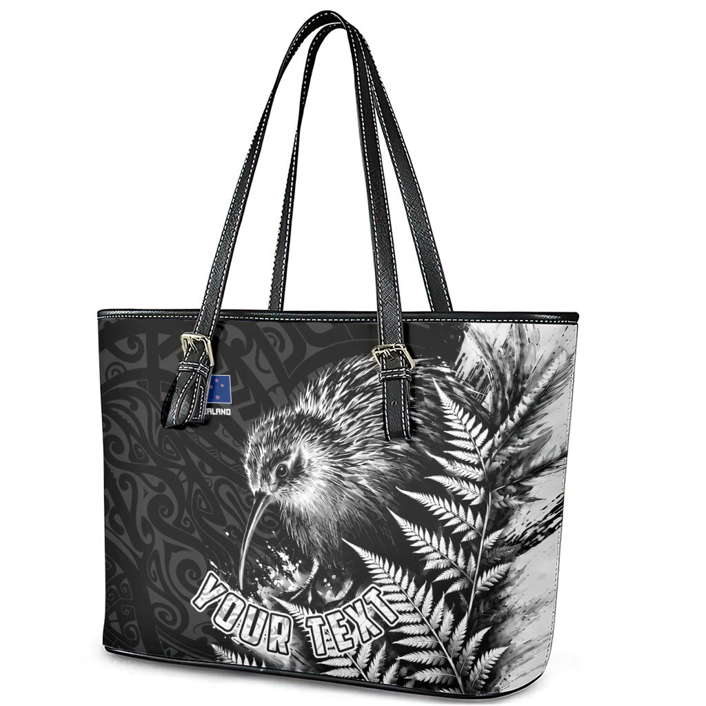 Personalized New Zealand Kiwi Bird Leather Tote Bag Grunge Maori Tribal Pattern Silver Fern