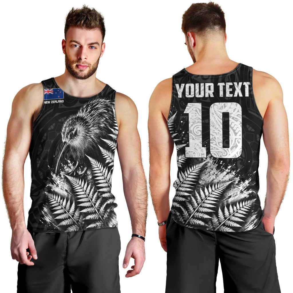 Personalized New Zealand Kiwi Bird Men Tank Top Grunge Maori Tribal Pattern Silver Fern