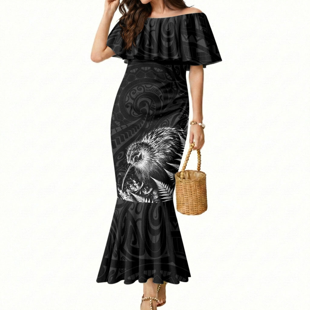 Personalized New Zealand Kiwi Bird Mermaid Dress Grunge Maori Tribal Pattern Silver Fern