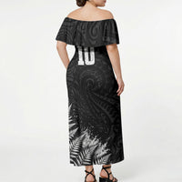 Personalized New Zealand Kiwi Bird Off Shoulder Maxi Dress Grunge Maori Tribal Pattern Silver Fern